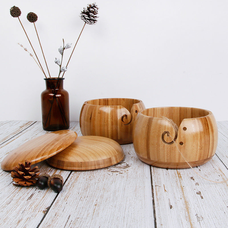Bamboo Wood Yarn Bowl With Lid